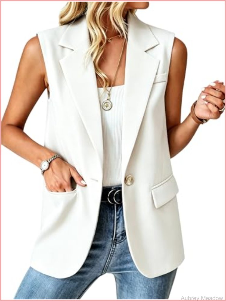 Lined Sleeveless Blazer Vest With Pockets Business Casual Office Attire